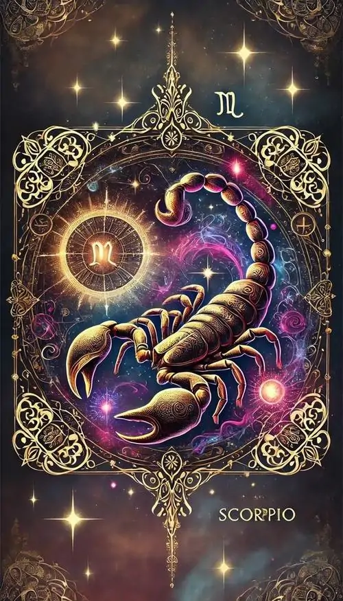 2 Ảnh nền Scorpio rực tím xanh với con bọ cạp phát sáng ở trung tâm khung viền hoa văn sang trọng hợp gu nam thích chiều sâu