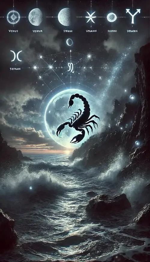 29 Ảnh nền Thiên Hạt xám xanh tối với bọ cạp nhỏ giữa mây giông và trăng khuyết gợi nét cô độc của nguyên tố Nước