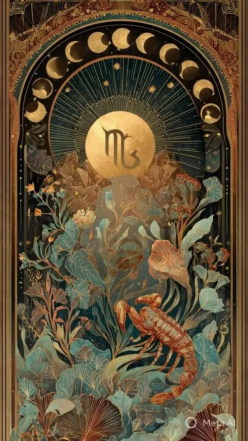 3 Hình nền đẹp Thiên Yết tông nâu đồng mở ra như cánh cổng huyền học với mặt trăng tròn và hoa lá gợi cảm giác chuyển hóa