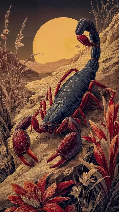 6 Ảnh bìa Scorpio dưới trăng vàng nổi bật thân bọ cạp cao lớn giữa đồi lá đỏ mang cảm giác mạnh mẽ và nguyên tố Nước sâu