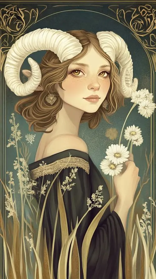 10 hình art nouveau cô gái sừng trắng, nét Ma Kết thanh lịch hòa hoa cúc, vẻ nữ cổ điển rất cuốn mắt