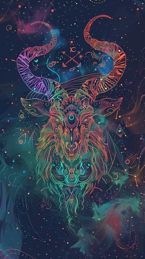 11 Hình trừu tượng đầu dê phát quang tím xanh, hợp gu chòm sao, bố cục đối xứng và sắc màu bùng nổ
