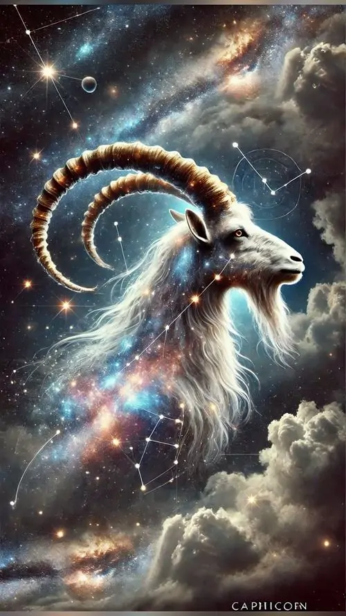 16 Ảnh bìa con sea-goat giữa mây và ngân hà, lông sáng bạc, cặp sừng cong lớn tạo thần thái ngầu