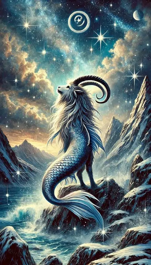 3 hình nền đẹp vẽ Dê Biển vươn khỏi sóng lớn, thân cá uốn cong dưới trời sao, sắc xanh lạnh rất phiêu