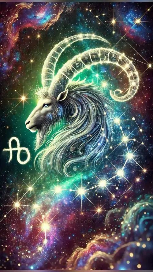 6 ảnh bìa vũ trụ của Sea-Goat phát sáng đa sắc, cặp sừng cong rực rỡ nổi trên nền thiên hà dày sao