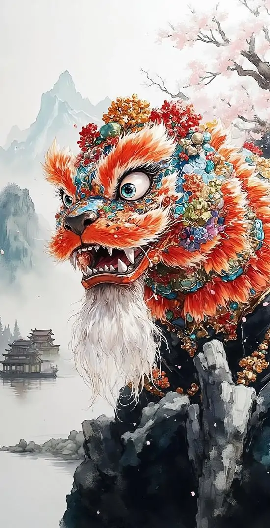 8 Ảnh wallpaper con lân thân dài uốn giữa vườn hoa và mây ngũ sắc cho cảm giác truyền thống mà vẫn rất sống động