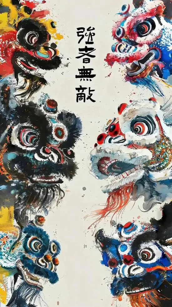 5 Ảnh nền HD con lân đỏ vàng nhìn thẳng ống kính nổi bật giữa nền son ấm mang vẻ vui tươi và đầy sinh khí