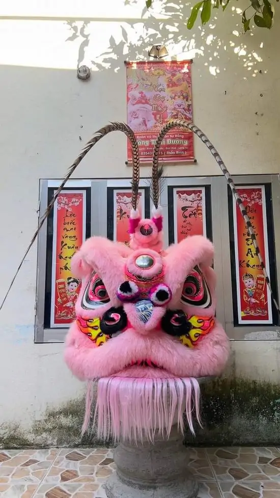 26 Ảnh nền HD lân vàng đứng dưới ánh sáng sân khấu làm rõ mắt lân tròn lớn cùng lớp lông dày rất cuốn hút