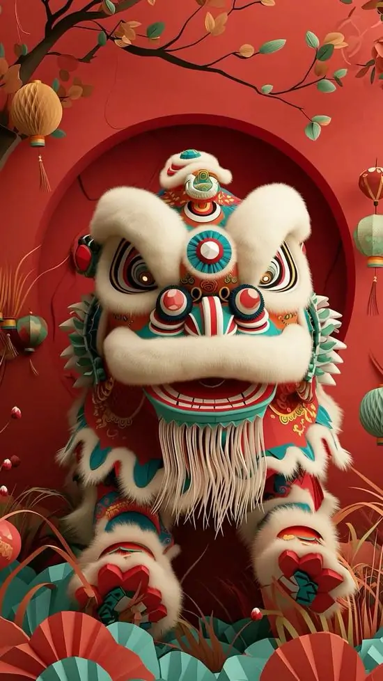 29 Ảnh nền cô gái đứng cạnh đầu lân xanh trong khói trắng tạo điểm chạm mềm mại giữa thời trang và văn hóa truyền thống