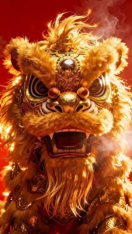 16 Hình nền con lân trắng viền đỏ giơ chân trước giữa confetti bay cho tổng thể vui mắt và đậm tinh thần lễ hội