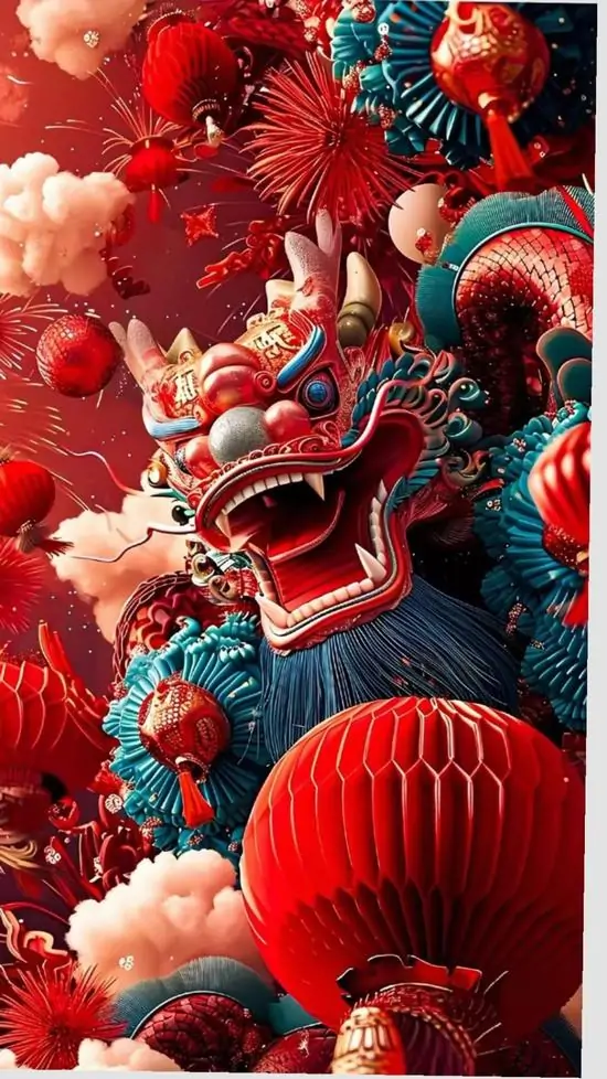 12 Hình nền máy tính cô gái áo đỏ ôm đầu lân xanh giữa đèn lồng đỏ đem lại vẻ mềm mại pha chút náo nhiệt