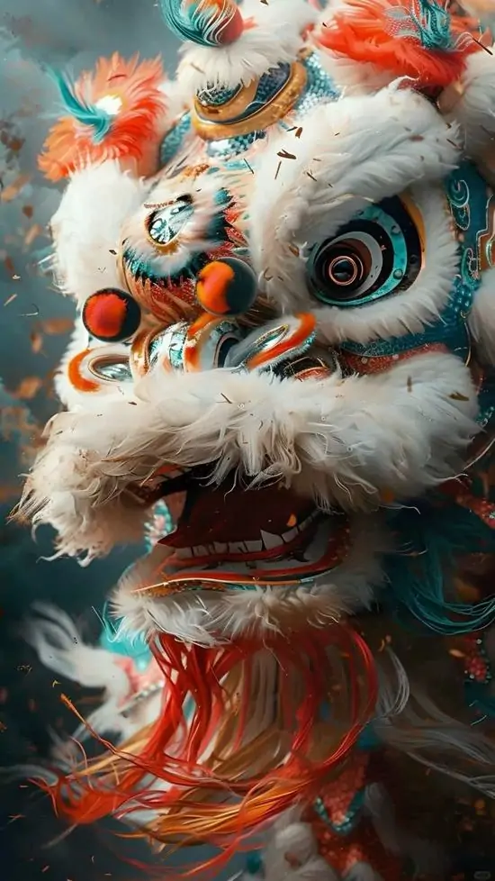 30 Ảnh dọc con lân trắng đỏ tiến sát máy ảnh với râu lân bay nhẹ làm tổng thể thêm sinh động và có chiều sâu