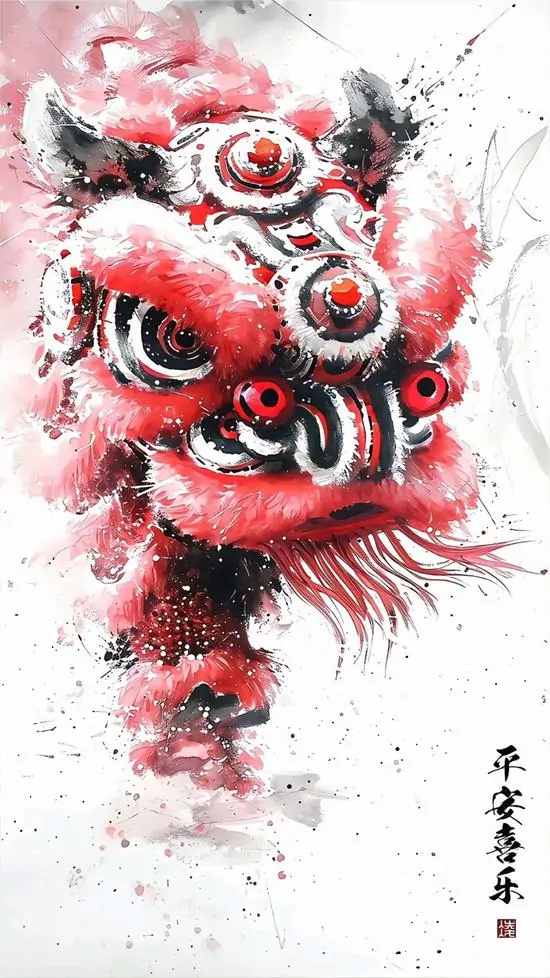 14 Hình khóa màn hình con lân trắng đỏ cúi thấp như đang tiến bước với đôi mắt tròn lớn và dáng múa uyển chuyển