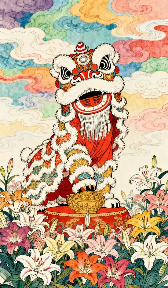 4 Hình nền 4K chụp đầu lân nhỏ trên cao giữa phố lễ hội với đèn lồng đỏ làm khung hình thêm tưng bừng