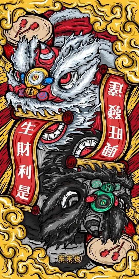 1 Hình con lân trắng đỏ đứng giữa hoa lá và mây màu pastel tạo cảm giác cát tường rất hợp làm tranh treo Tết