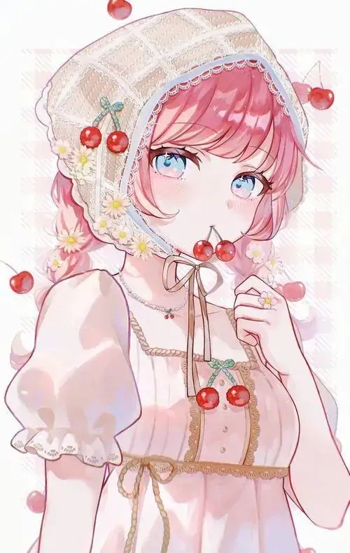 53 Cô gái tóc hồng đeo dâu tây trên đầu có sắc xanh mắt nổi bật, nét mặt sáng và tươi như kem trái cây mùa hè, bức hình hợp người tìm gái anime dễ thương dùng làm avatar để tạo thiện cảm nhanh