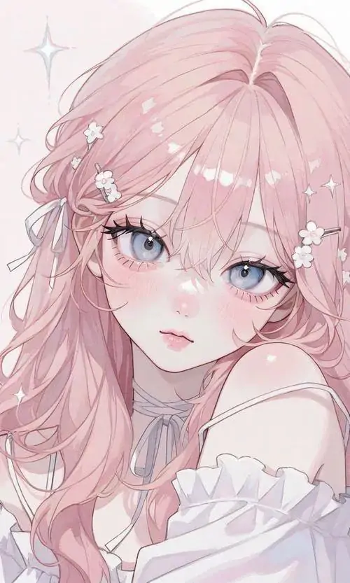 56 Hình anime dễ thương nàng tóc hồng quàng khăn xanh nhìn nghiêng nhẹ, không gian mở phía sau khiến ảnh rất thoáng và an yên, đây là kiểu hình anime nữ đáng yêu hợp dùng làm nền điện thoại những ngày muốn thư giãn