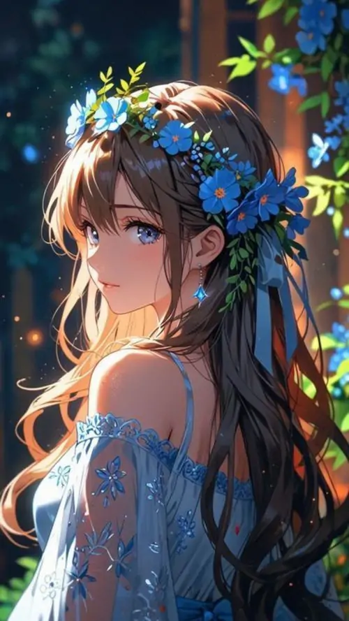 45 Ảnh nữ anime thiếu nữ tóc nâu xoăn đội mũ hoa đứng trong nắng mật, váy bèo và gương mặt hiền làm bức ảnh gợi một buổi picnic muộn, rất hợp người mê hình anime nữ đáng yêu kiểu cổ điển ngọt dịu