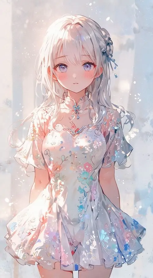 46 Hình nền anime nàng tóc bạc chắp tay trước ngực mang dáng dấp Nezuko Kamado ở phiên bản thanh lạnh, bảng màu xám trắng rất sạch mắt, hợp người chuộng hình anime nữ đáng yêu theo hướng yên tĩnh và sâu cảm xúc