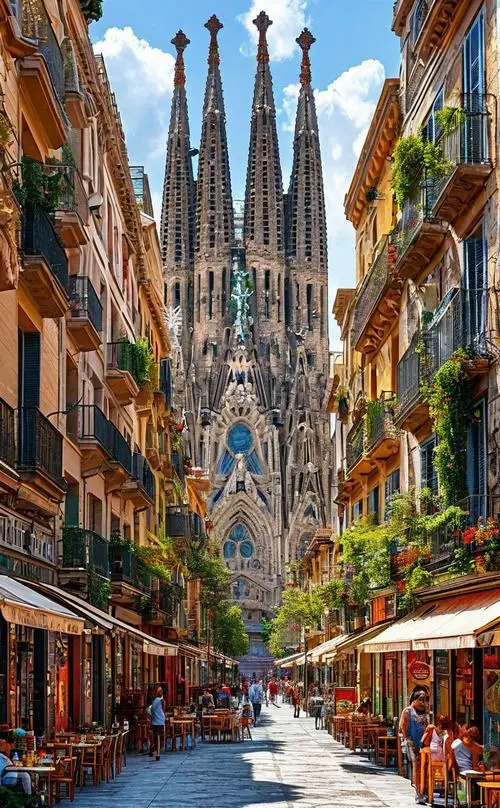 4 Con đường hẹp dẫn mắt về Sagrada Familia tạo chiều sâu khung hình rõ nét và chất du lịch nghệ thuật rất riêng