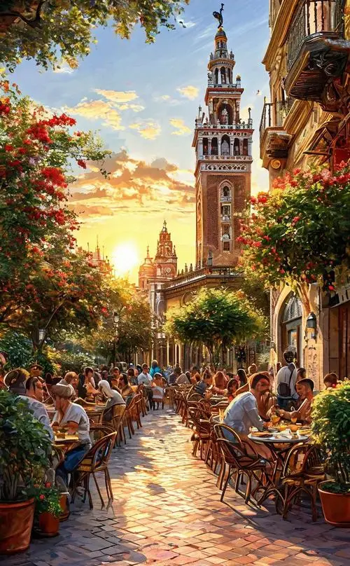 8 Khung cảnh canal nhỏ lúc hoàng hôn gợi Seville cổ kính với ánh sáng vàng mật ong phủ lên tháp chuông say mắt