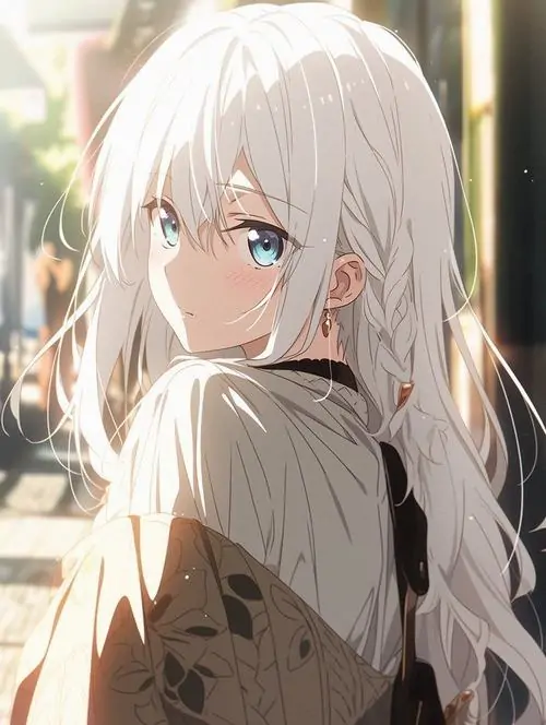 32 Ảnh anime nữ tóc trắng cài hoa đỏ giữa mái tóc bồng mềm, đứng sát khóm hồng như vừa bước ra từ truyện tranh, gương mặt sáng và ánh mắt hồng ngọt làm tổng thể kiêu sa mà vẫn cực dịu dàng