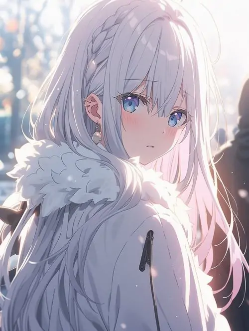 34 Cô nàng tóc bạc trong bộ kimono tối màu nghiêng người bên nền xám mờ, mái tóc thẳng rơi dọc vai và biểu cảm lặng khiến hình anime con gái tóc trắng mang vẻ lạnh lùng vừa đủ, rất cuốn theo kiểu trưởng thành