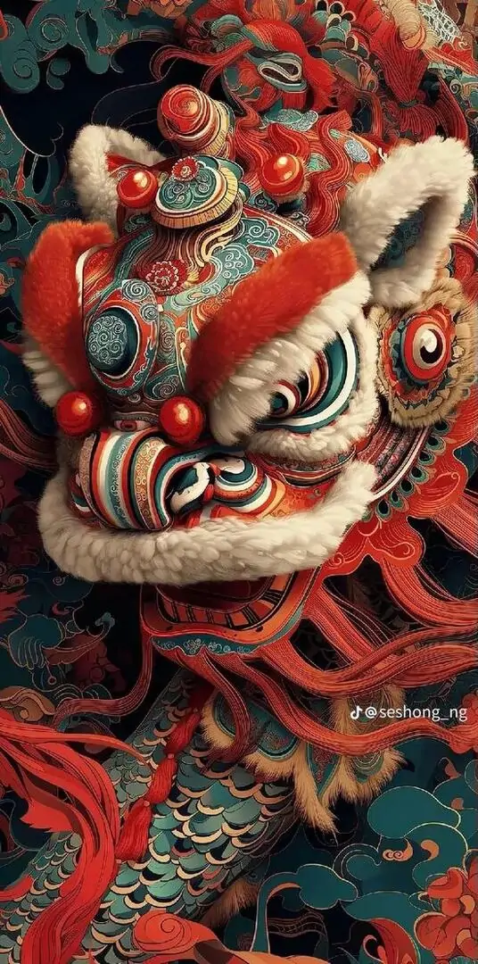 1 Hình sư tử đỏ xoáy mây xanh đổ bóng mạnh hợp màn hình điện thoại và thành ảnh nền nổi cho iphone