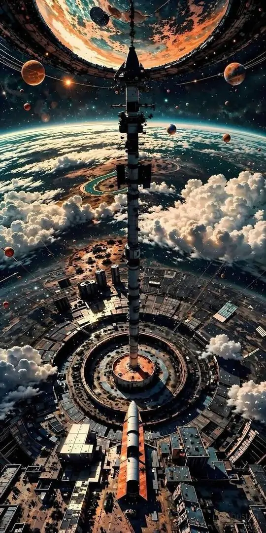 2 Ảnh nền tháp không gian giữa mây và hành tinh tạo chiều sâu cho mobile phù hợp laptop lẫn màn hình lớn