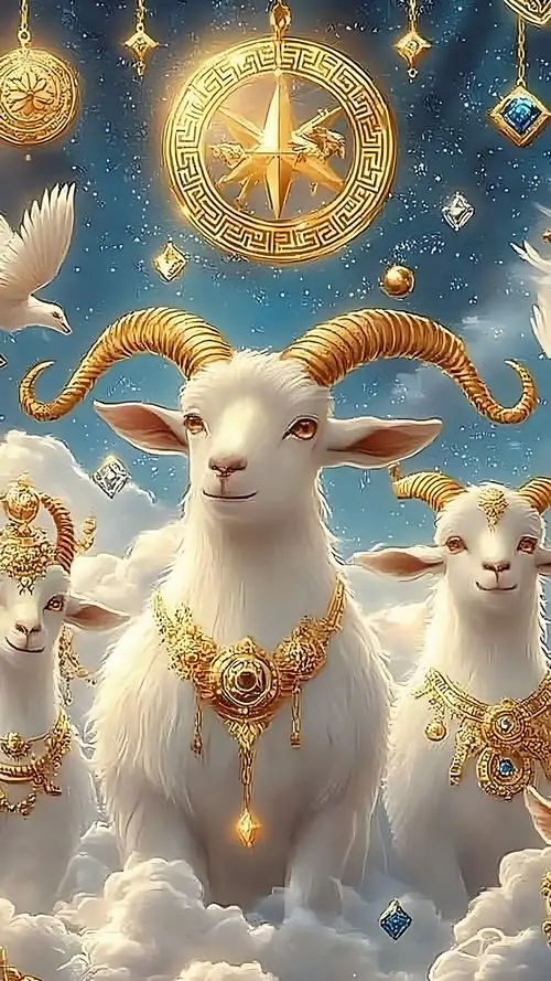 11 Ảnh nền linh vật Mùi có đôi dê trắng dưới biểu tượng sao vàng gợi Tam Dương Khai Thái và lời cầu bình an
