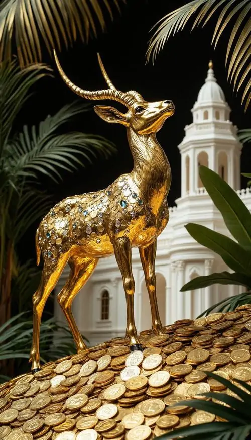 14 Hình nền tuổi Mùi khắc họa tượng dê vàng bên mái tháp và lối tiền xu như một lời chiêu tài rất rõ