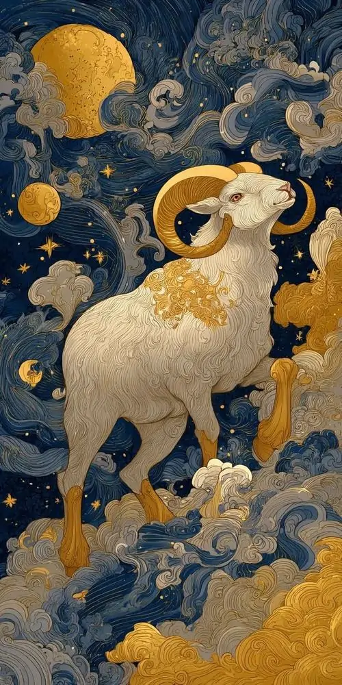 1 Ảnh nền linh vật Mùi vẽ dê trắng dưới trăng vàng giữa mây sóng xanh gợi bình an và cát khí cho màn hình