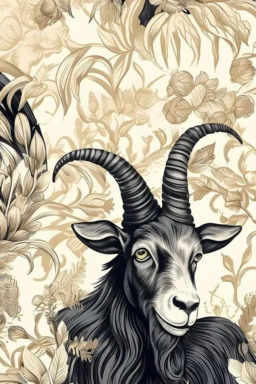 2 Hình nền con dê tông kem khắc họa cặp sừng cong nổi bật giữa nền hoa lá cổ điển giúp thu hút may mắn dịu dàng