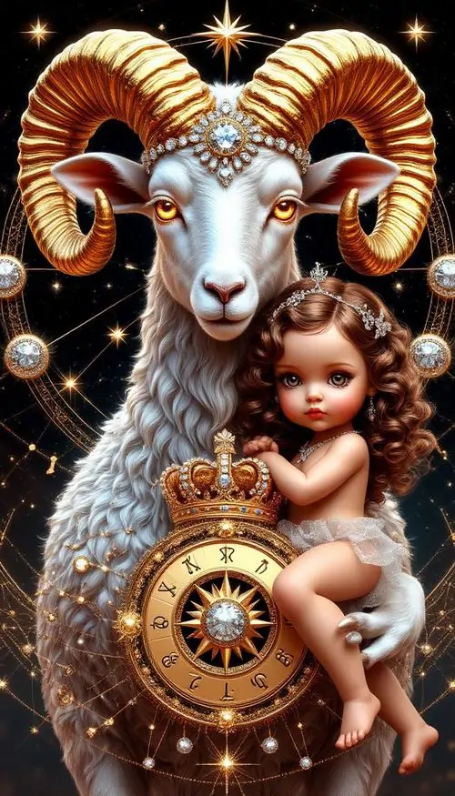 4 Hình nền dê phong thủy với dê trắng ôm em bé trước mặt đồng hồ biểu trưng tài lộc và khởi đầu thuận lợi