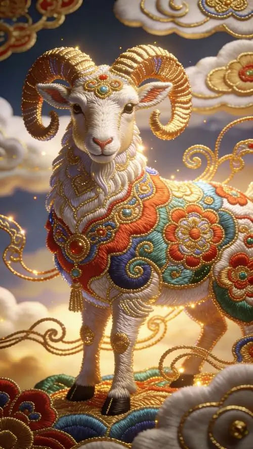 18 Ảnh nền linh vật Mùi đặt dê sừng lớn giữa mây vàng hoa văn cổ truyền như biểu tượng tài lộc và phúc lành