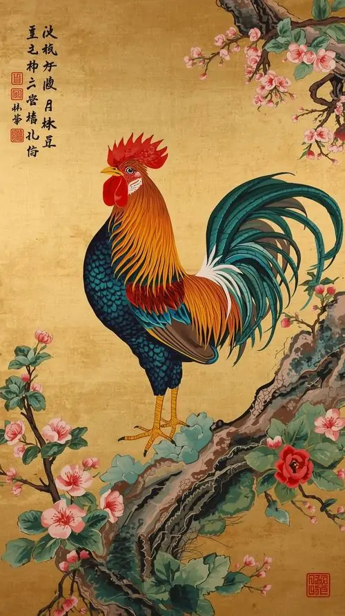 11 Hình nền linh vật tuổi Dậu với gà trống cổ điển đứng giữa hoa lá gợi tài vận ổn định và cảm giác bình an dài lâu