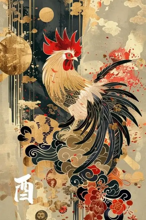 14 Wallpaper tuổi Dậu tái hiện gà trống giữa nền họa tiết cổ truyền tạo cảm giác trang nghiêm và thu hút sinh khí tích cực