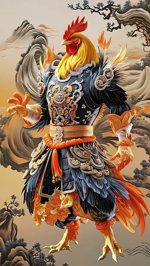 1 Hình nền con gà tuổi Dậu khắc họa gà trống giáp trụ oai vệ giữa lá vàng gợi bảo hộ và cát khí mạnh mẽ