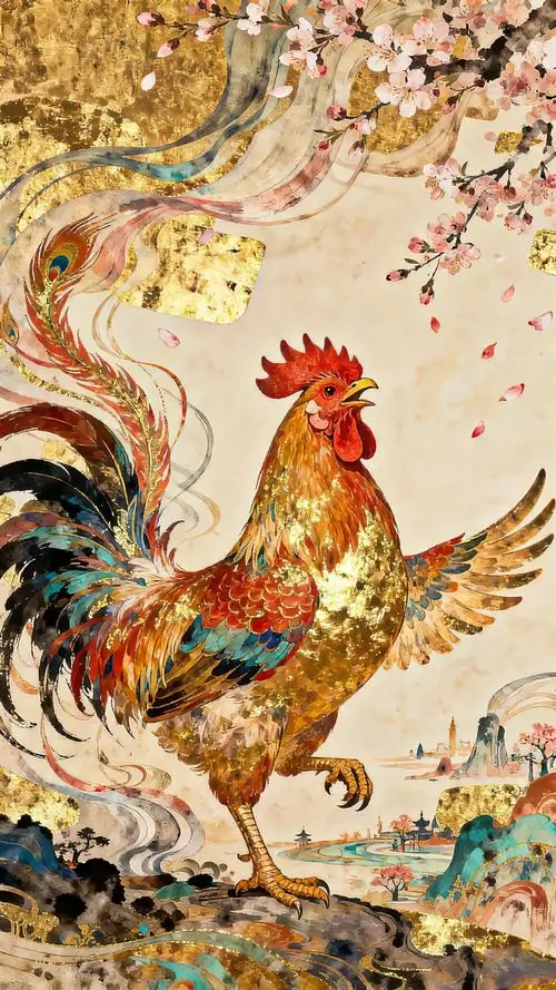 2 Ảnh nền gà trống sắc vàng rực giữa hoa lá bay mềm tạo cảm giác may mắn hanh thông và tài lộc lan tỏa