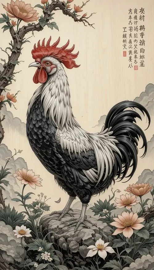 3 Hình mực tàu với gà trống đen trắng mào đỏ nổi bật gợi khí chất quân tử và phong thủy vững vàng cho tuổi Dậu