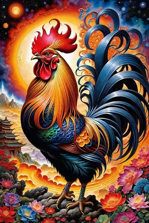 6 Ảnh bìa gà nhiều màu đứng hiên ngang giữa hoa nở tạo cảm giác thịnh vượng rực rỡ và hút may mắn rất rõ