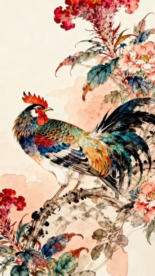 8 Ảnh wallpaper phong cách thủy mặc cho gà trống đậu bên hoa lá thanh thoát đem lại cát tường và sinh khí dịu mắt