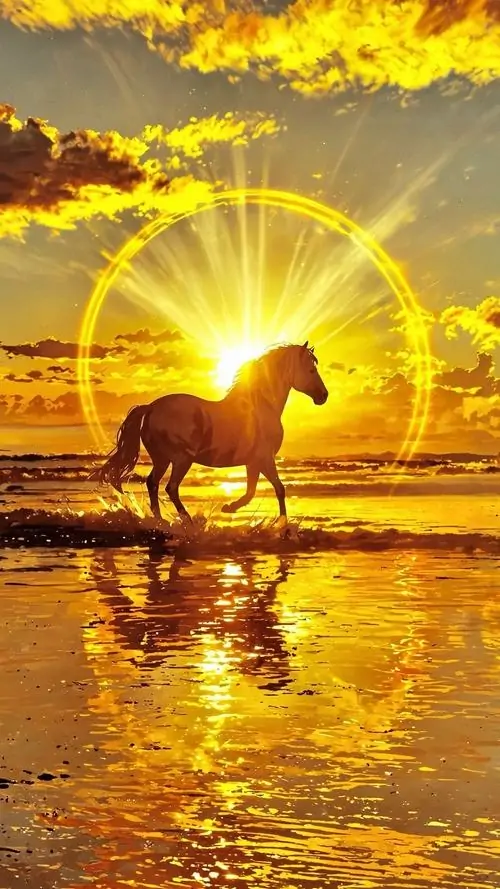 1 Hình nền con ngựa đón bình minh trên mặt nước ánh vàng lan rộng gợi mã đáo thành công và mở lối hanh thông cho công việc