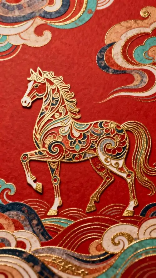 23 Ảnh nền ngựa hoa văn trên nền đỏ mây cuộn mang hơi thở 12 con giáp thích hợp chiêu tài và tăng vẻ sang quý