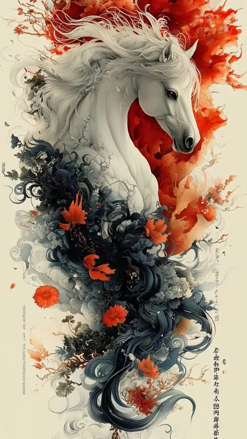 26 Ảnh nền ngựa thủy mặc với khuôn mặt ngựa bạch nổi bật trên nền sáng tạo cảm giác thanh sạch và hanh thông nhẹ nhàng