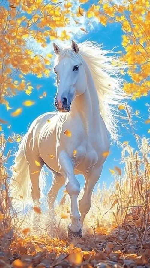 30 Nền ngựa trắng dưới tán lá xanh vàng mang vẻ dịu sáng tinh khôi thích hợp cầu may mắn và khởi đầu thuận buồm xuôi gió
