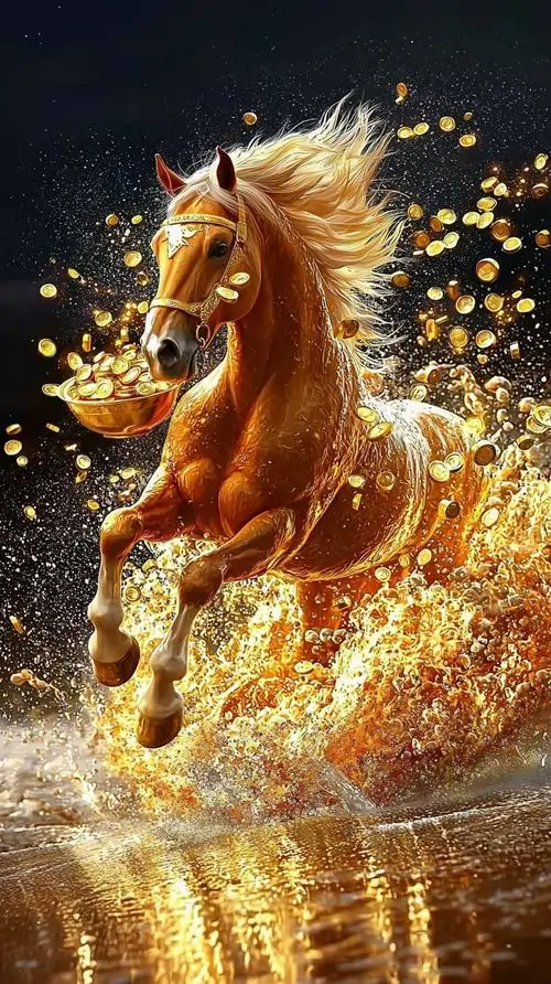 3 Nền ngựa rực lửa bật lên giữa ánh kim tạo khí thế xông lên giúp gia chủ thêm tự tin cầu tài lộc và bứt nhịp sự nghiệp