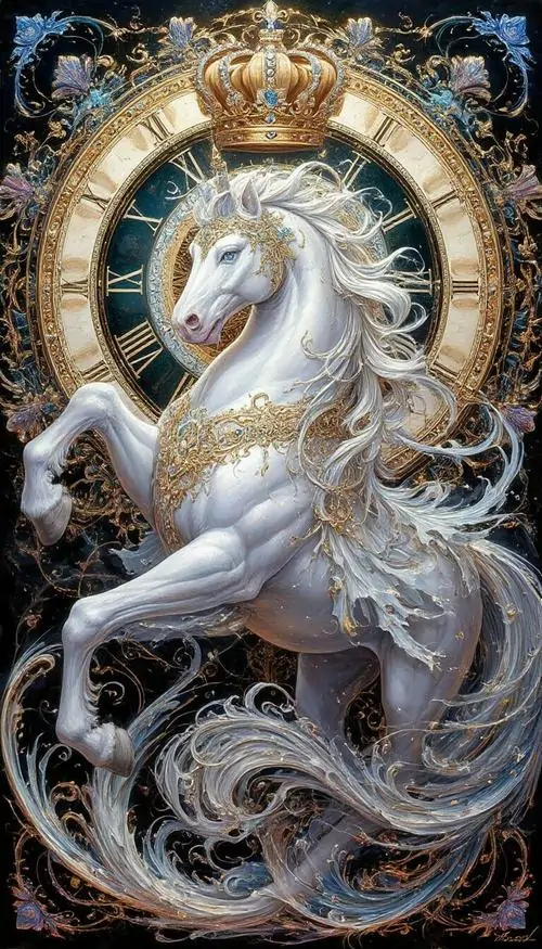 5 Ảnh nền ngựa thần trắng xoay giữa vòng đồng hồ cổ gợi phong thủy tài lộc như giữ nhịp thời cơ và nâng đỡ vận trình mỗi ngày