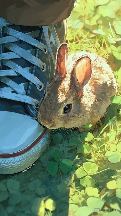 9 Ảnh wallpaper ghi lại chú thỏ nâu rụt rè cạnh đôi giày xanh trên nền lá sáng, dáng nhỏ nép mình tạo nét ngơ ngác đáng yêu, phù hợp làm hình nền thỏ xinh cho người thích góc nhìn đời thường ngầu nhẹ