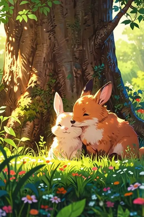 10 Trong khoảng rừng nắng mật, hai chú thỏ cam ngồi tựa nhau dưới gốc cây, hoa cỏ bao quanh khiến ảnh nền bunny ngọt ngào này vừa ấm áp vừa mềm mại, rất hợp làm hình nền con thỏ cute Ultra HD
